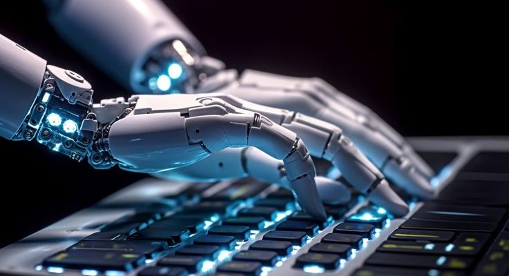 Artificial intelligence android robot hands writing text on compurter keypad. Generative AI illustration